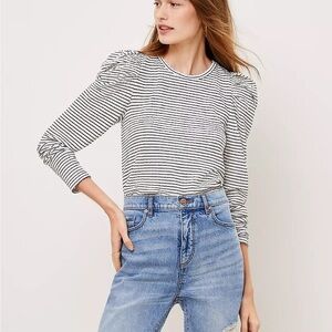 LOFT Black and White Stripe Textured Puff Shoulder Top Small